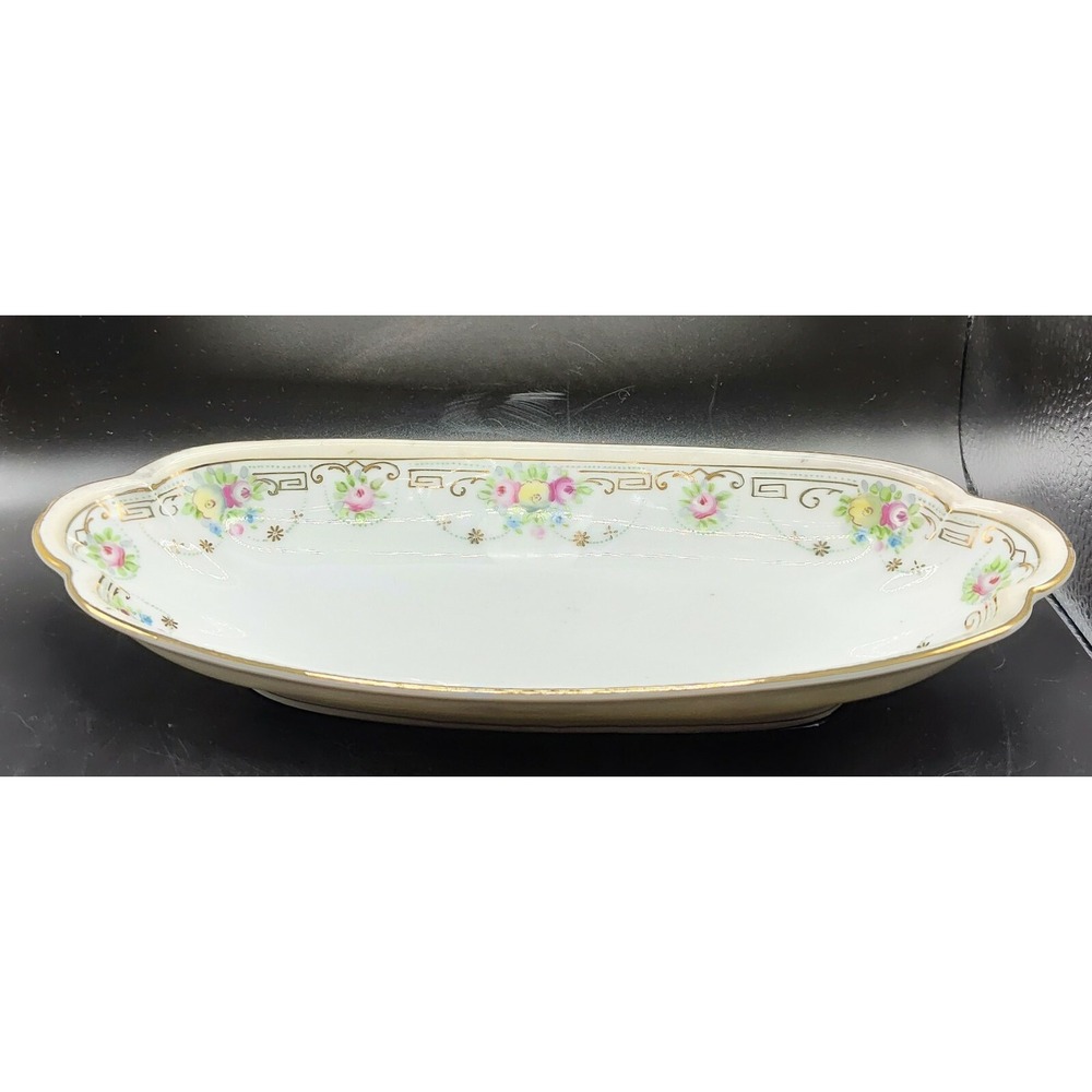Vintage Hand Painted Nippon Celery Dish Green & Gold Accents Floral 11.5"x5"